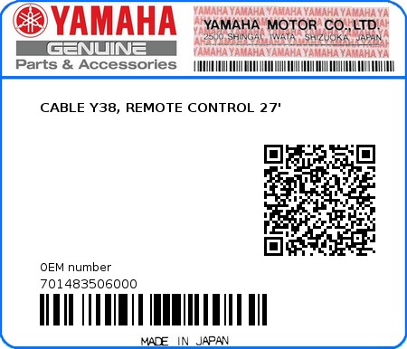 Product image: Yamaha - 701483506000 - CABLE Y38, REMOTE CONTROL 27' 