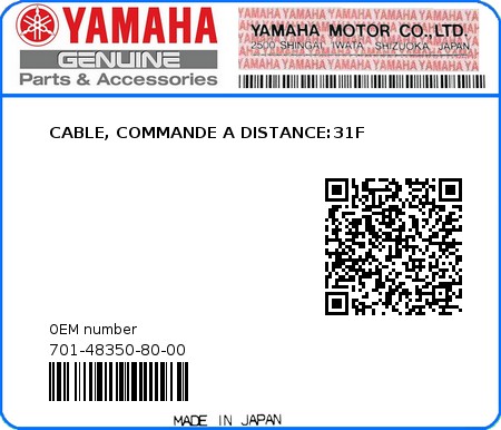 Product image: Yamaha - 701-48350-80-00 - CABLE, COMMANDE A DISTANCE:31F 