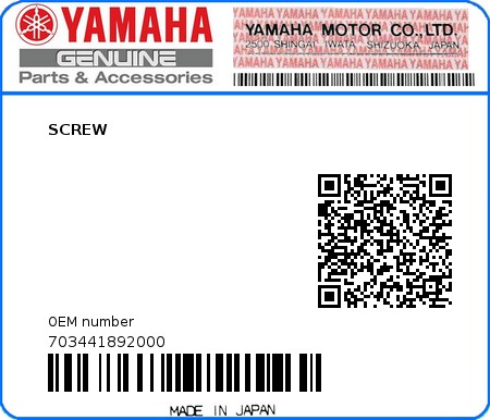 Product image: Yamaha - 703441892000 - SCREW 