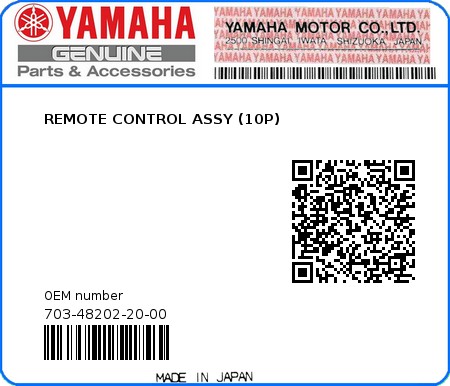 Product image: Yamaha - 703-48202-20-00 - REMOTE CONTROL ASSY (10P) 