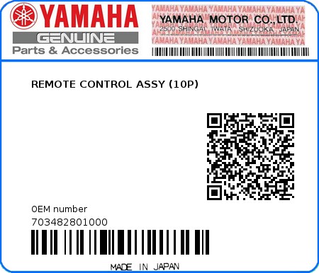 Product image: Yamaha - 703482801000 - REMOTE CONTROL ASSY (10P) 