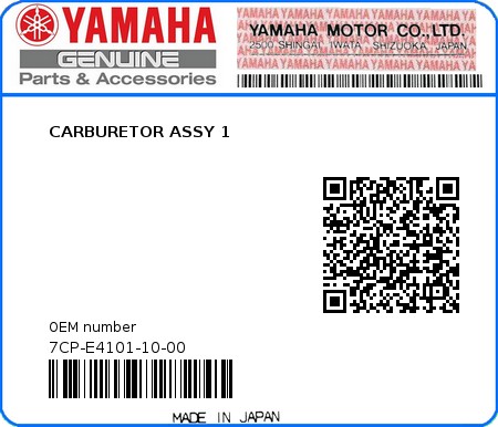 Product image: Yamaha - 7CP-E4101-10-00 - CARBURETOR ASSY 1  0