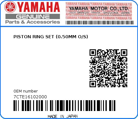 Product image: Yamaha - 7CTE16102000 - PISTON RING SET (0.50MM O/S) 