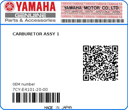Product image: Yamaha - 7CY-E4101-20-00 - CARBURETOR ASSY 1  0