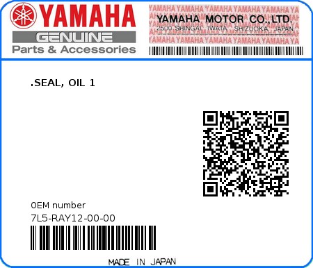 Product image: Yamaha - 7L5-RAY12-00-00 - .SEAL, OIL 1  0