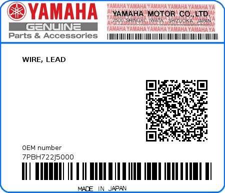 Product image: Yamaha - 7PBH722J5000 - WIRE, LEAD 