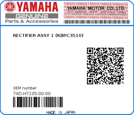 Product image: Yamaha - 7XD-H7105-00-00 - RECTIFIER ASSY 1 (KBPC3510)  0
