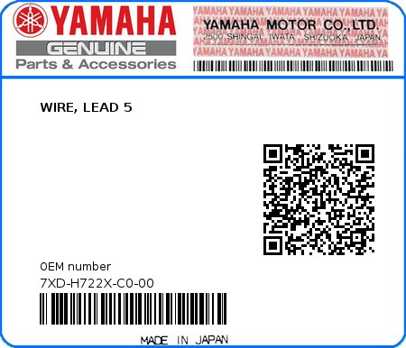 Product image: Yamaha - 7XD-H722X-C0-00 - WIRE, LEAD 5  0