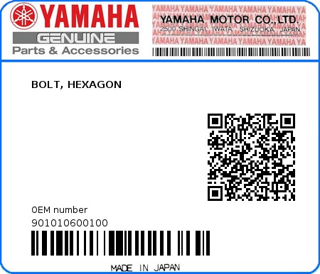 Product image: Yamaha - 901010600100 - BOLT, HEXAGON  0