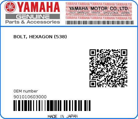 Product image: Yamaha - 901010603000 - BOLT, HEXAGON (538)  0