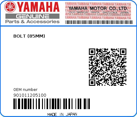 Product image: Yamaha - 901011205100 - BOLT (85MM) 