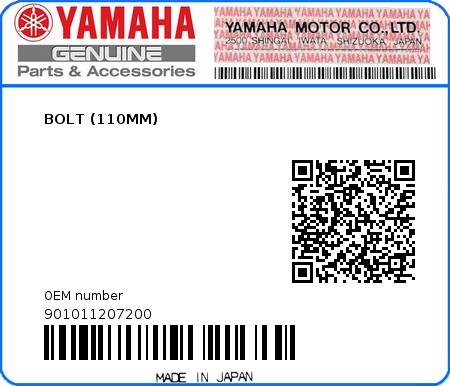 Product image: Yamaha - 901011207200 - BOLT (110MM) 