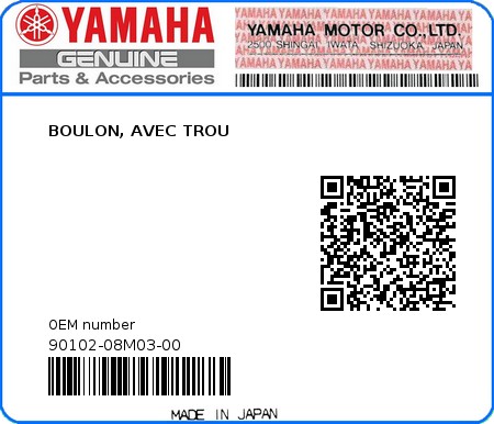 Product image: Yamaha - 90102-08M03-00 - BOULON, AVEC TROU 