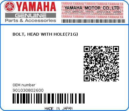 Product image: Yamaha - 901030802600 - BOLT, HEAD WITH HOLE(71G) 