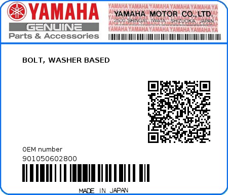 Product image: Yamaha - 901050602800 - BOLT, WASHER BASED 