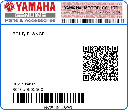 Product image: Yamaha - 901050605600 - BOLT, FLANGE 