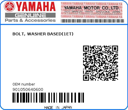 Product image: Yamaha - 901050640600 - BOLT, WASHER BASED(1ET) 