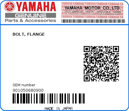 Product image: Yamaha - 901050680900 - BOLT, FLANGE 