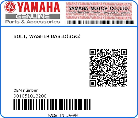 Product image: Yamaha - 901051013200 - BOLT, WASHER BASED(3GG)  0