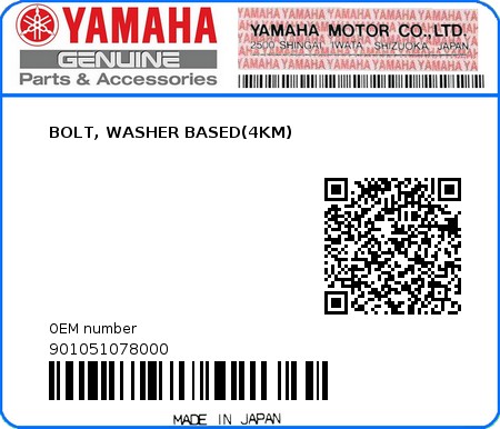 Product image: Yamaha - 901051078000 - BOLT, WASHER BASED(4KM) 