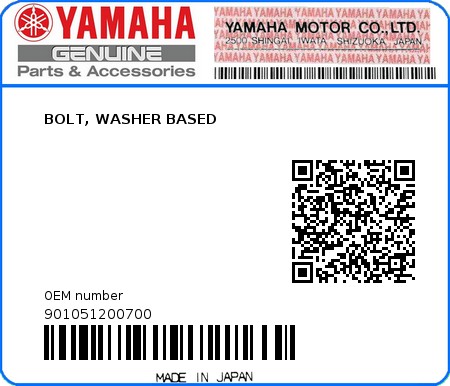 Product image: Yamaha - 901051200700 - BOLT, WASHER BASED 