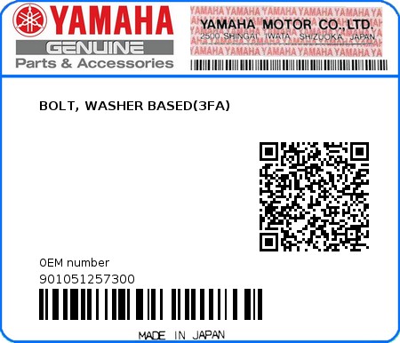 Product image: Yamaha - 901051257300 - BOLT, WASHER BASED(3FA) 