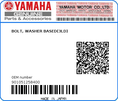 Product image: Yamaha - 901051258400 - BOLT, WASHER BASED(3LD) 