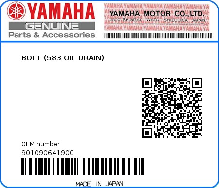 Product image: Yamaha - 901090641900 - BOLT (583 OIL DRAIN) 