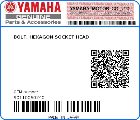 Product image: Yamaha - 90110060740 - BOLT, HEXAGON SOCKET HEAD  