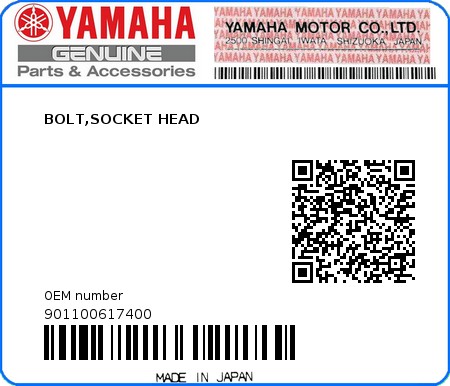 Product image: Yamaha - 901100617400 - BOLT,SOCKET HEAD 