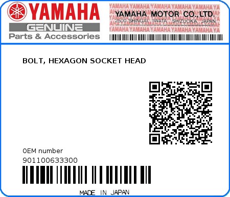 Product image: Yamaha - 901100633300 - BOLT, HEXAGON SOCKET HEAD  0
