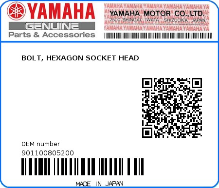 Product image: Yamaha - 901100805200 - BOLT, HEXAGON SOCKET HEAD  0