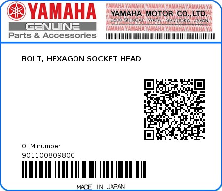 Product image: Yamaha - 901100809800 - BOLT, HEXAGON SOCKET HEAD  0