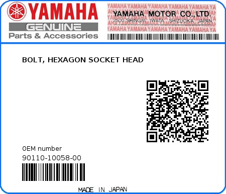 Product image: Yamaha - 90110-10058-00 - BOLT, HEXAGON SOCKET HEAD 