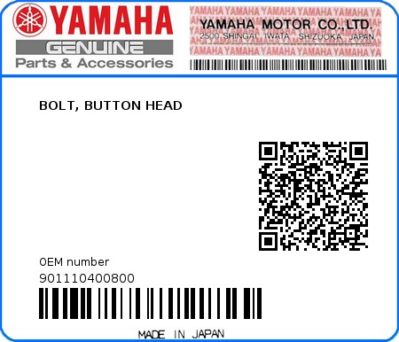 Product image: Yamaha - 901110400800 - BOLT, BUTTON HEAD 