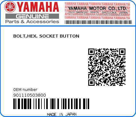 Product image: Yamaha - 901110503800 - BOLT,HEX. SOCKET BUTTON 