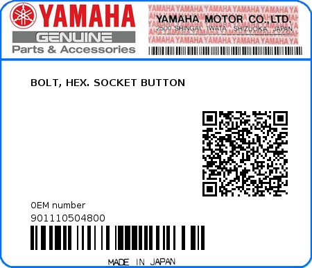 Product image: Yamaha - 901110504800 - BOLT, HEX. SOCKET BUTTON 