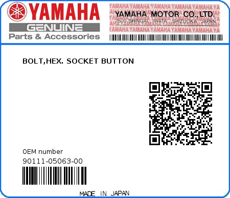 Product image: Yamaha - 90111-05063-00 - BOLT,HEX. SOCKET BUTTON 