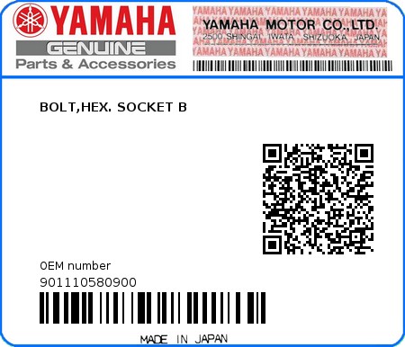 Product image: Yamaha - 901110580900 - BOLT,HEX. SOCKET B 