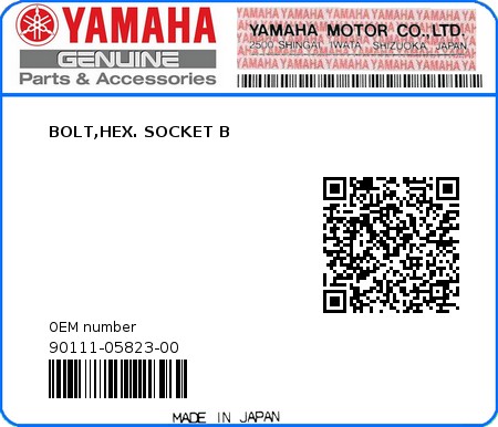 Product image: Yamaha - 90111-05823-00 - BOLT,HEX. SOCKET B 