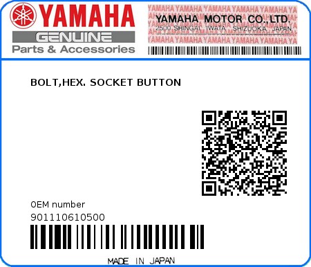 Product image: Yamaha - 901110610500 - BOLT,HEX. SOCKET BUTTON 