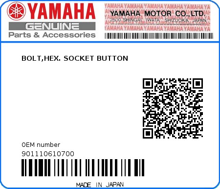 Product image: Yamaha - 901110610700 - BOLT,HEX. SOCKET BUTTON 