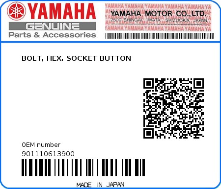 Product image: Yamaha - 901110613900 - BOLT, HEX. SOCKET BUTTON 