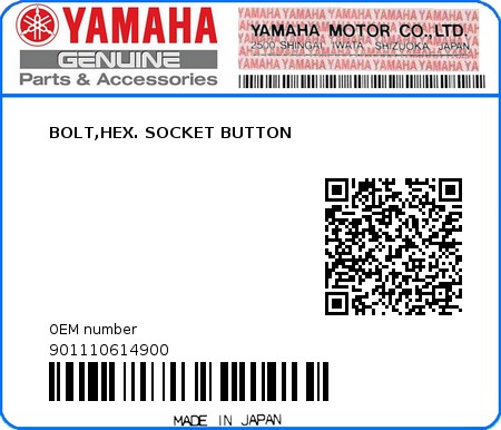 Product image: Yamaha - 901110614900 - BOLT,HEX. SOCKET BUTTON  0
