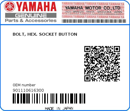 Product image: Yamaha - 901110616300 - BOLT, HEX. SOCKET BUTTON  0