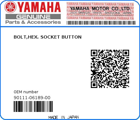 Product image: Yamaha - 90111-06189-00 - BOLT,HEX. SOCKET BUTTON 