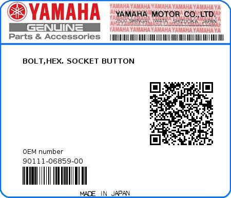 Product image: Yamaha - 90111-06859-00 - BOLT,HEX. SOCKET BUTTON 