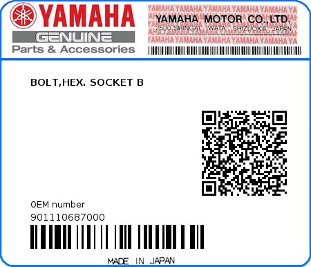 Product image: Yamaha - 901110687000 - BOLT,HEX. SOCKET B 