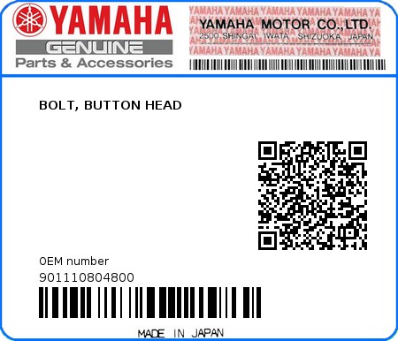 Product image: Yamaha - 901110804800 - BOLT, BUTTON HEAD 