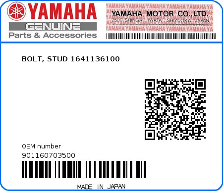 Product image: Yamaha - 901160703500 - BOLT, STUD 1641136100  0